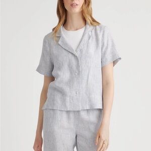 Quince 100% European Linen Short Sleeve Shirt - Blue Pinstripe